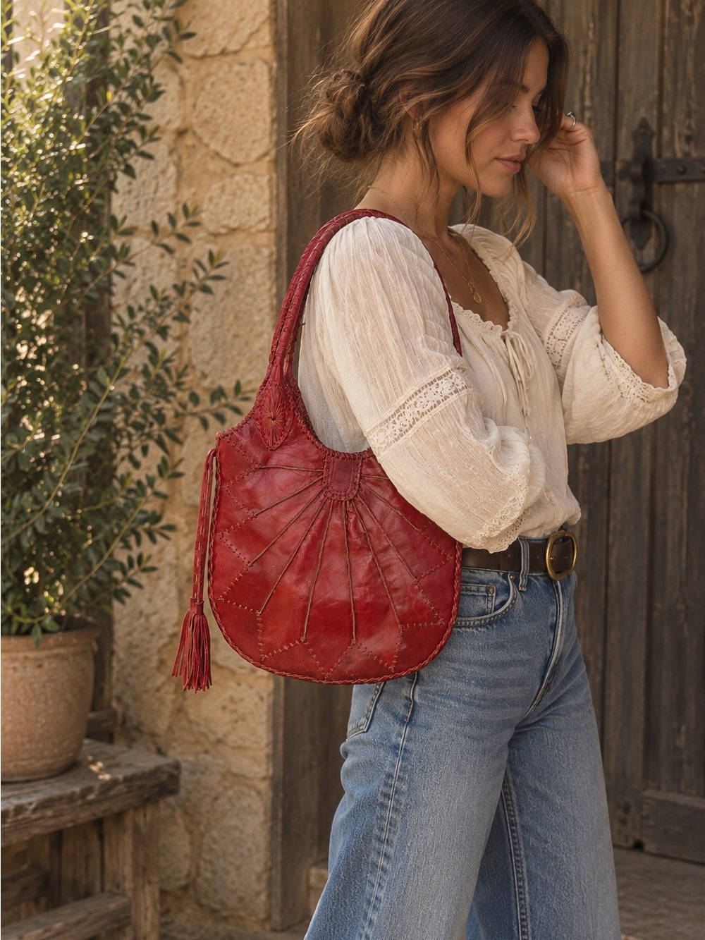 Vintage Red 100% Leather Boho Western Shoulder Bag Tassel